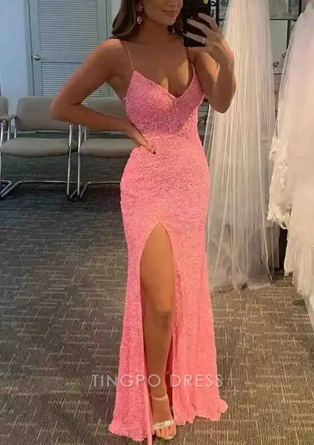 TingPo Wholesale Elegant Sheath/Column V Neck Spaghetti Straps Long/Floor-Length Velvet Sequins Prom Dress With Split